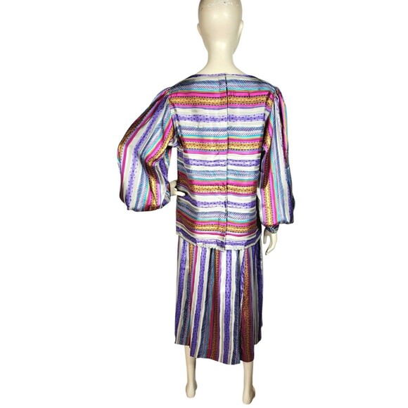 VTG 70s Evan Picone Silky Satin Mixed Media Puff Balloon Sleeve Blouse Skirt Set - Picture 11 of 16